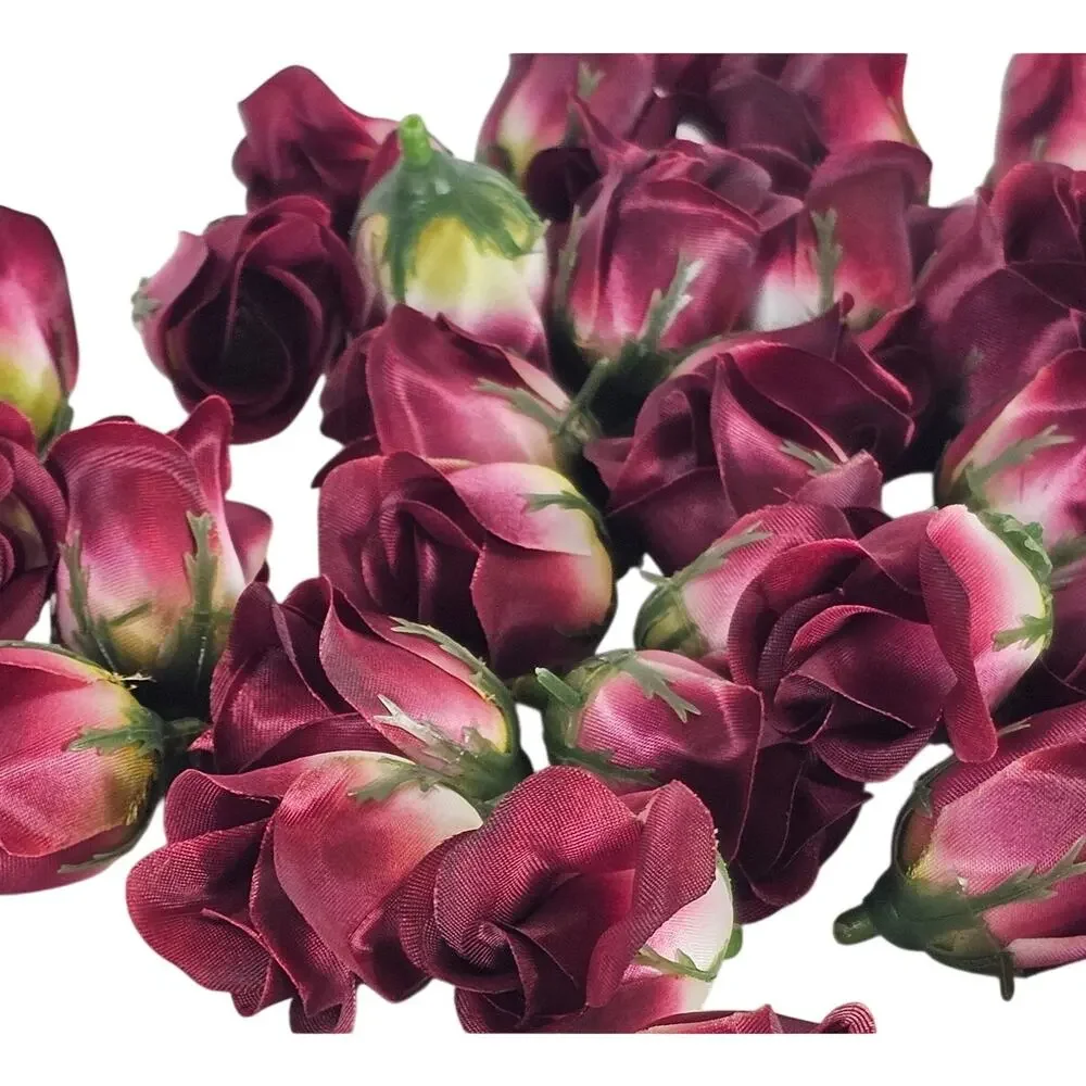 50 Wine Red Satin Rose Buds Stemless Wedding Floral Craft DIY 2 inch Burgundy